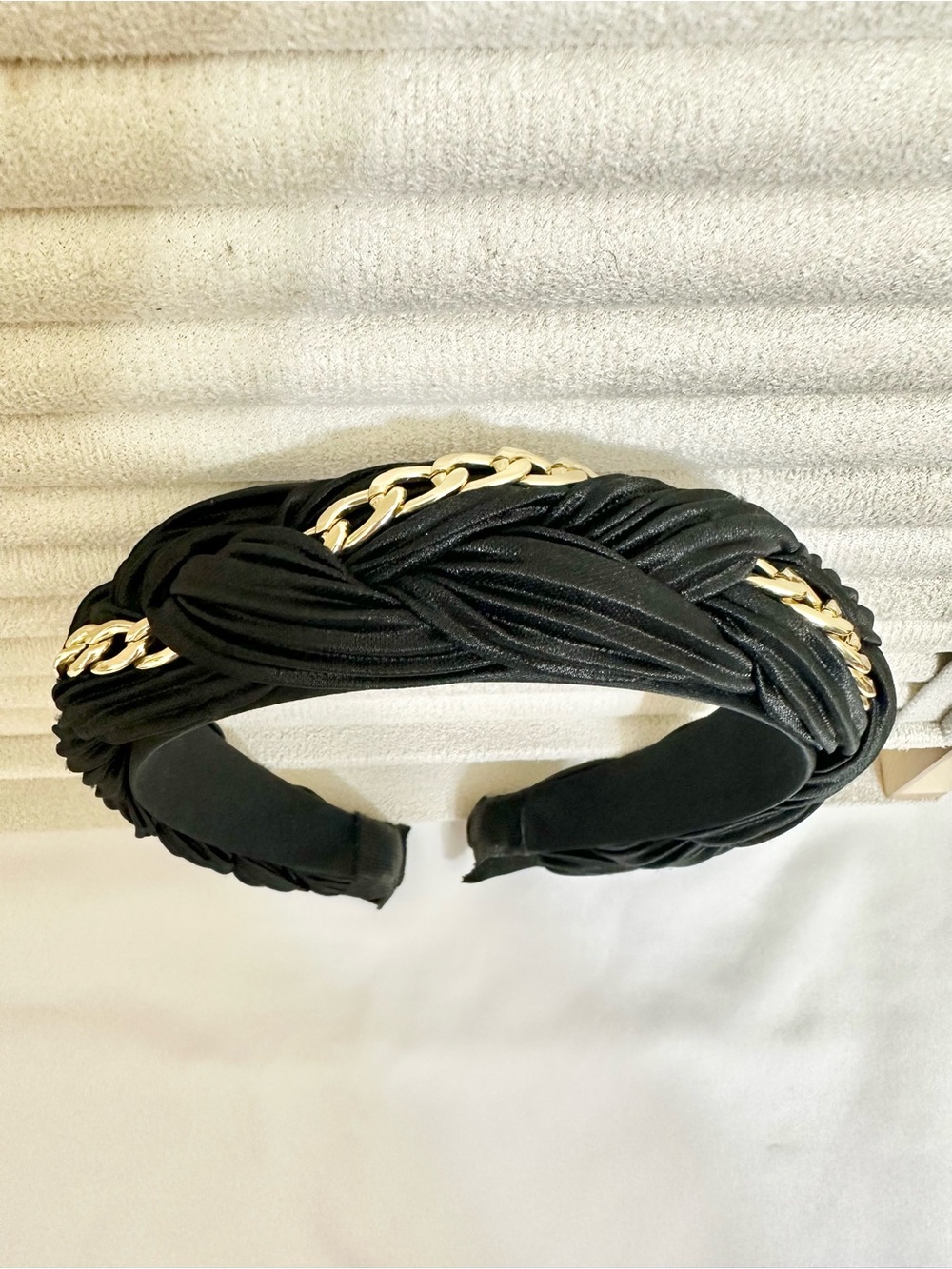 Braided Black Headband with Gold Chain Detail